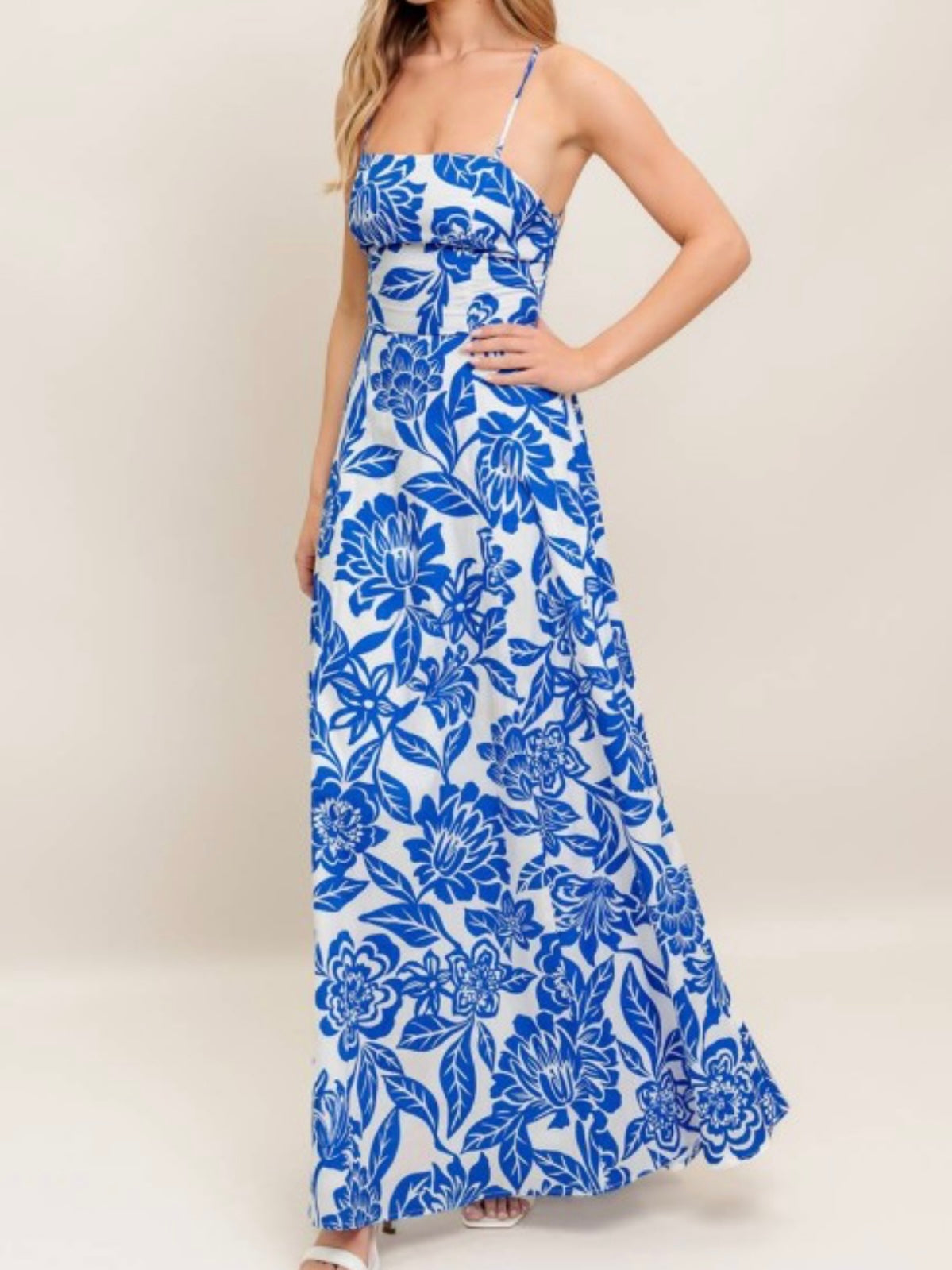 Ivory Blue Floral Square Neck Maxi Dress