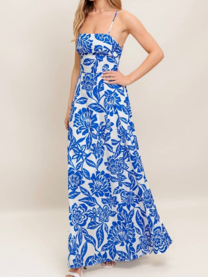 Ivory Blue Floral Square Neck Maxi Dress