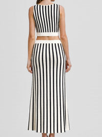 Black & Ivory Striped Cutout Knit Maxi Dress