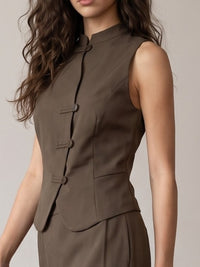 Chocolate Mandarin Collar Tailored Vest