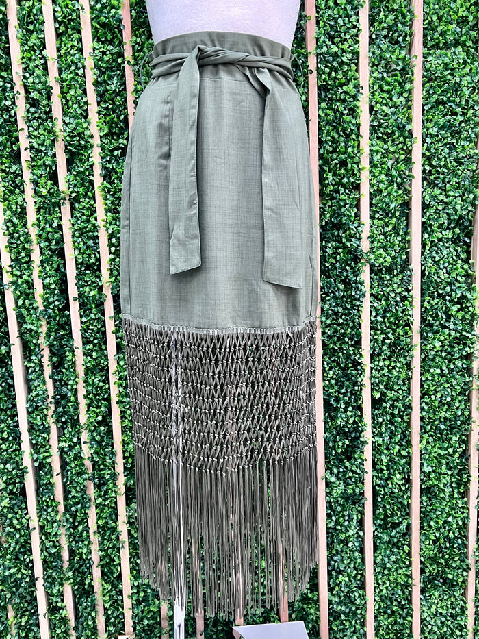 Fringed Hem High Waist Midi Skirt