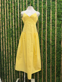 Yellow Lace Detail Fit and Flare V neck Midi Dress