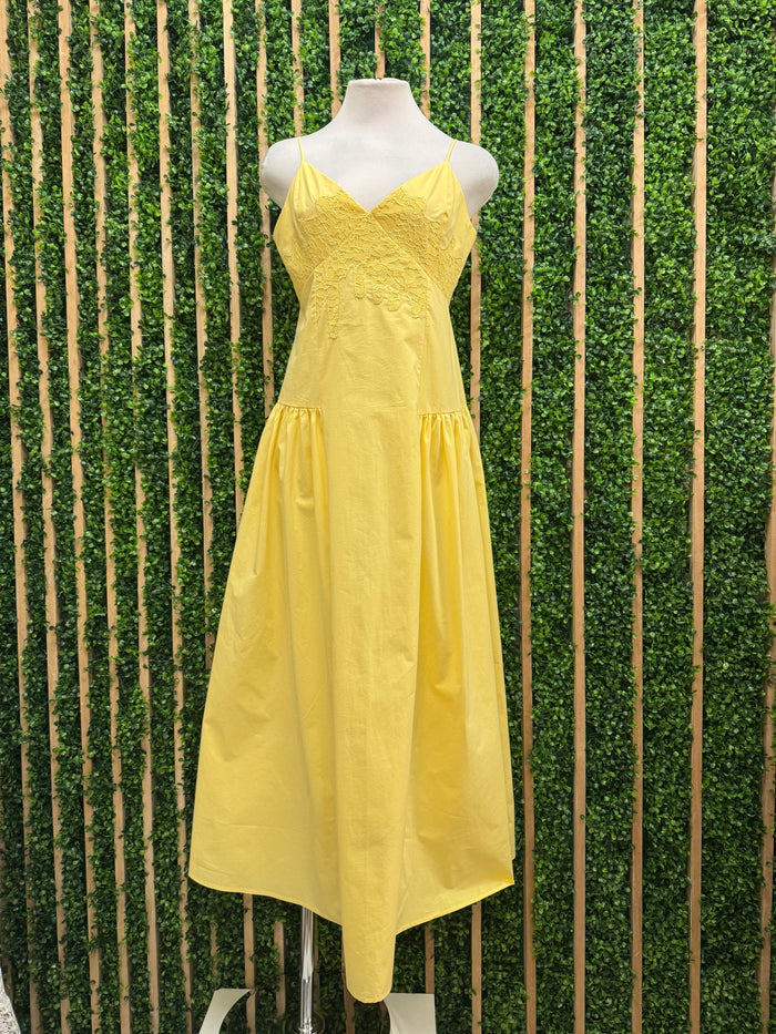 Yellow Lace Detail Fit and Flare V neck Midi Dress