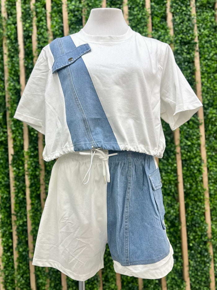 Denim Detail White Short Pant Set