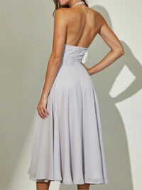 Light Grey Plunge Neckline Halter Flare Chiffon Midi Dress