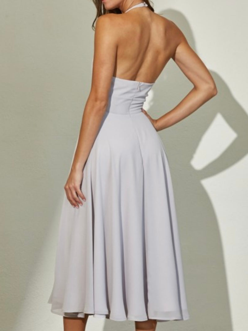 Light Grey Plunge Neckline Halter Flare Chiffon Midi Dress