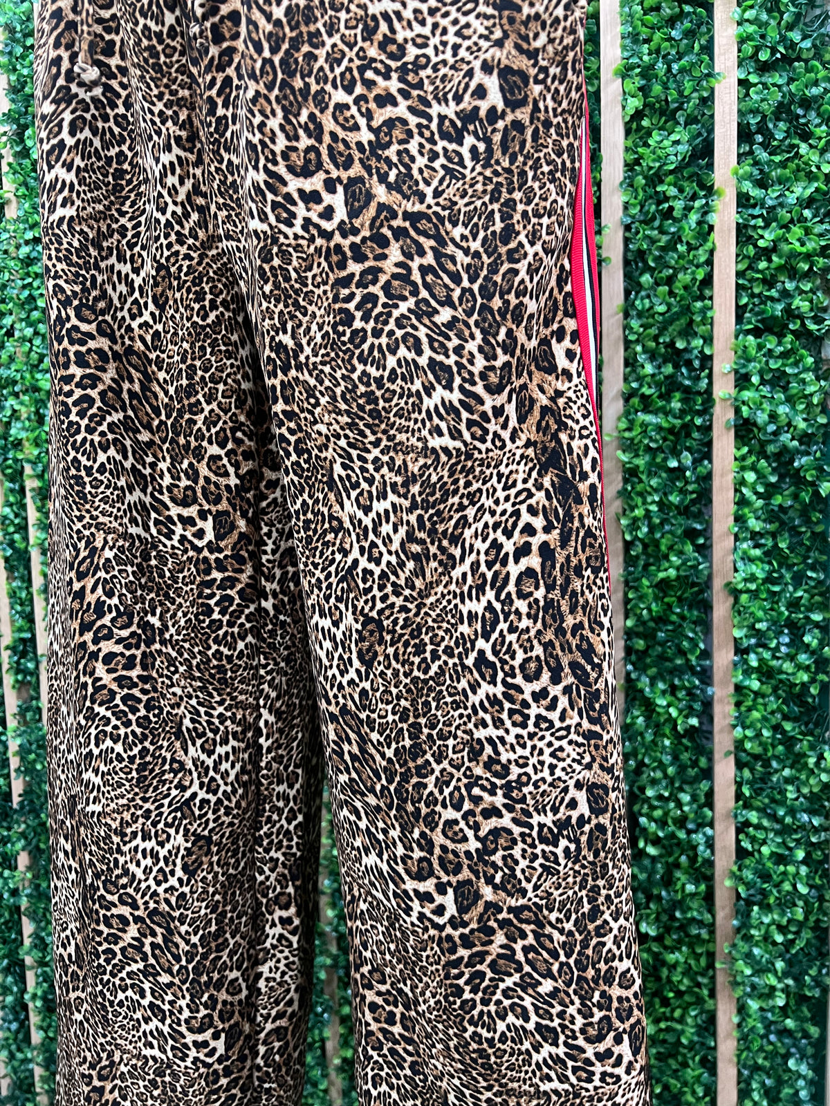 Red Side Stripe Trim Leopard Wide Leg Pant