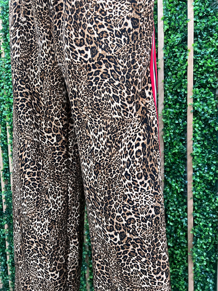 Red Side Stripe Trim Leopard Wide Leg Pant