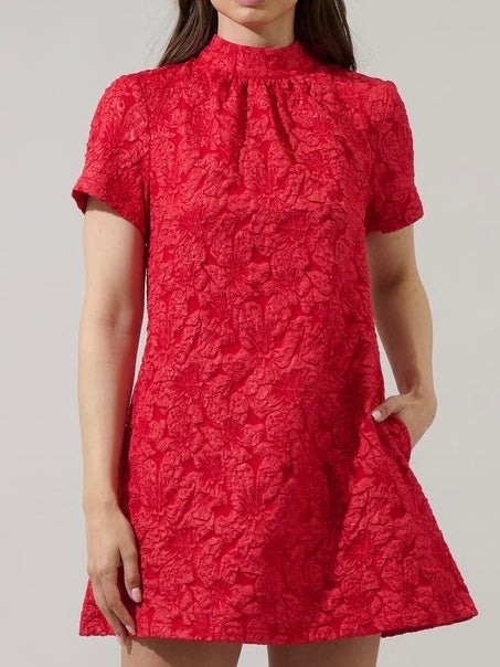 Red Floral Jacquard A Line Dress