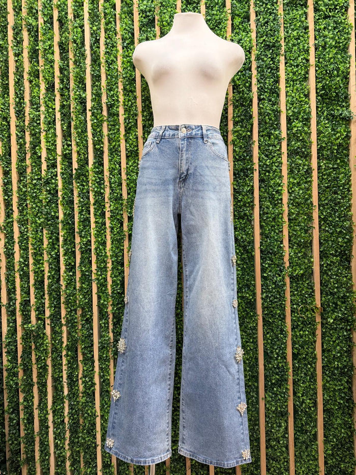 Side Crystal Embellished Wide Leg Jeans
