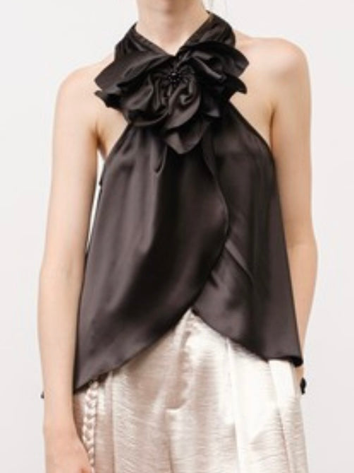 Black 3D Satin Flower Detail Top