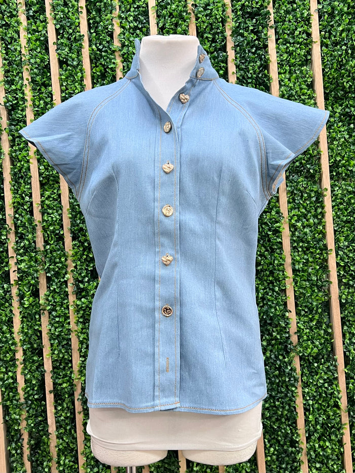 Elegant High Neck Denim Blouse