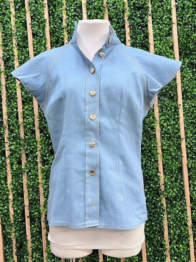 Elegant High Neck Denim Blouse