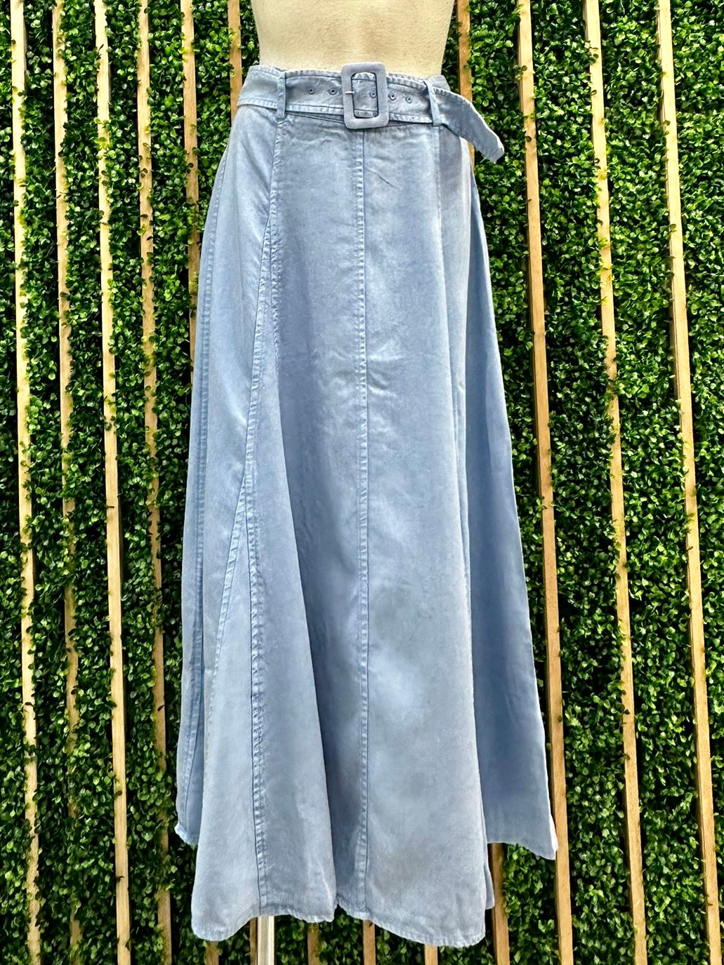 Belted Washed Denim Midi Skirt