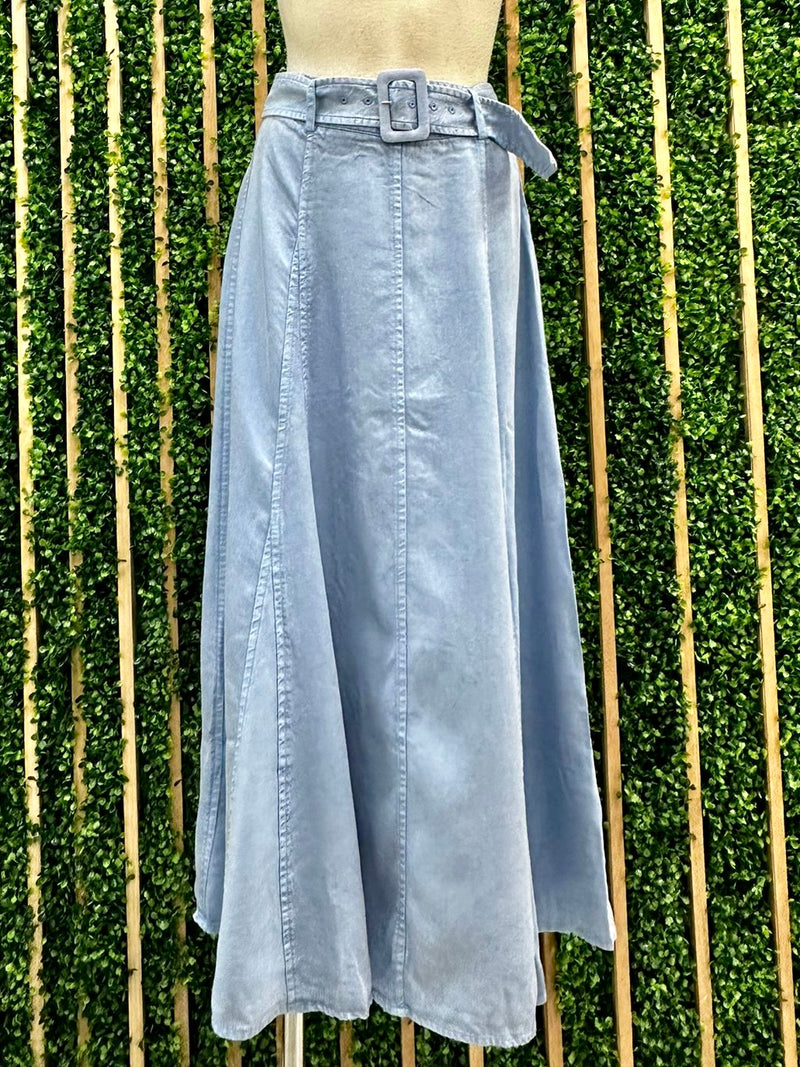 Belted Washed Denim Midi Skirt