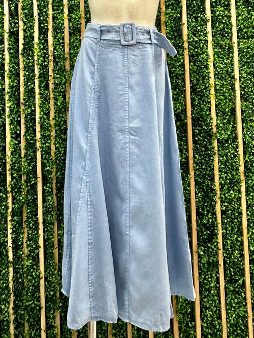 Belted Washed Denim Midi Skirt