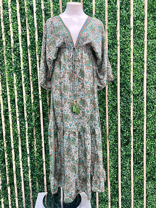 Grey Paisley Deep V Neck Kimono Maxi Dress