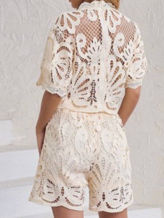 Beige Lace Short Sleeve Short Pant Set