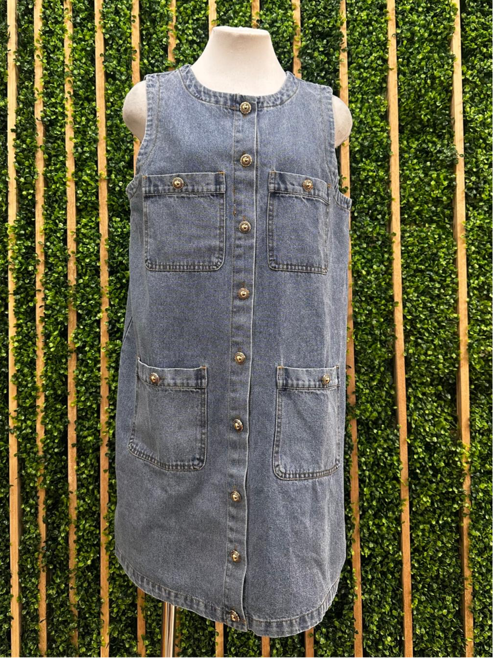 Dark Denim Button and Pocket Detail Sleeveless Short Dress