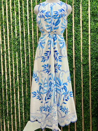 Beautiful Blue Print Scallop Hem Midi Dress