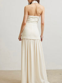 Exquisite Cream Tweed Halter Contrast Fitted Maxi Dress