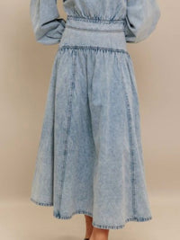 Light Acid Wash Fit and Flare Midi Skirt
