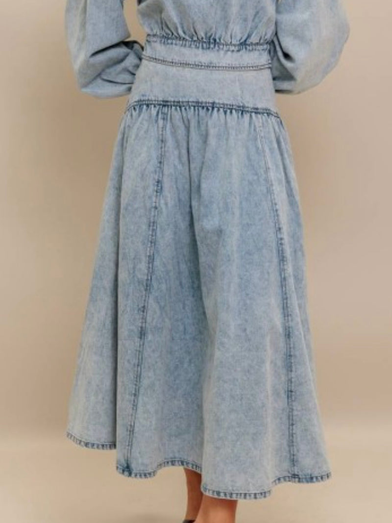 Light Acid Wash Fit and Flare Midi Skirt
