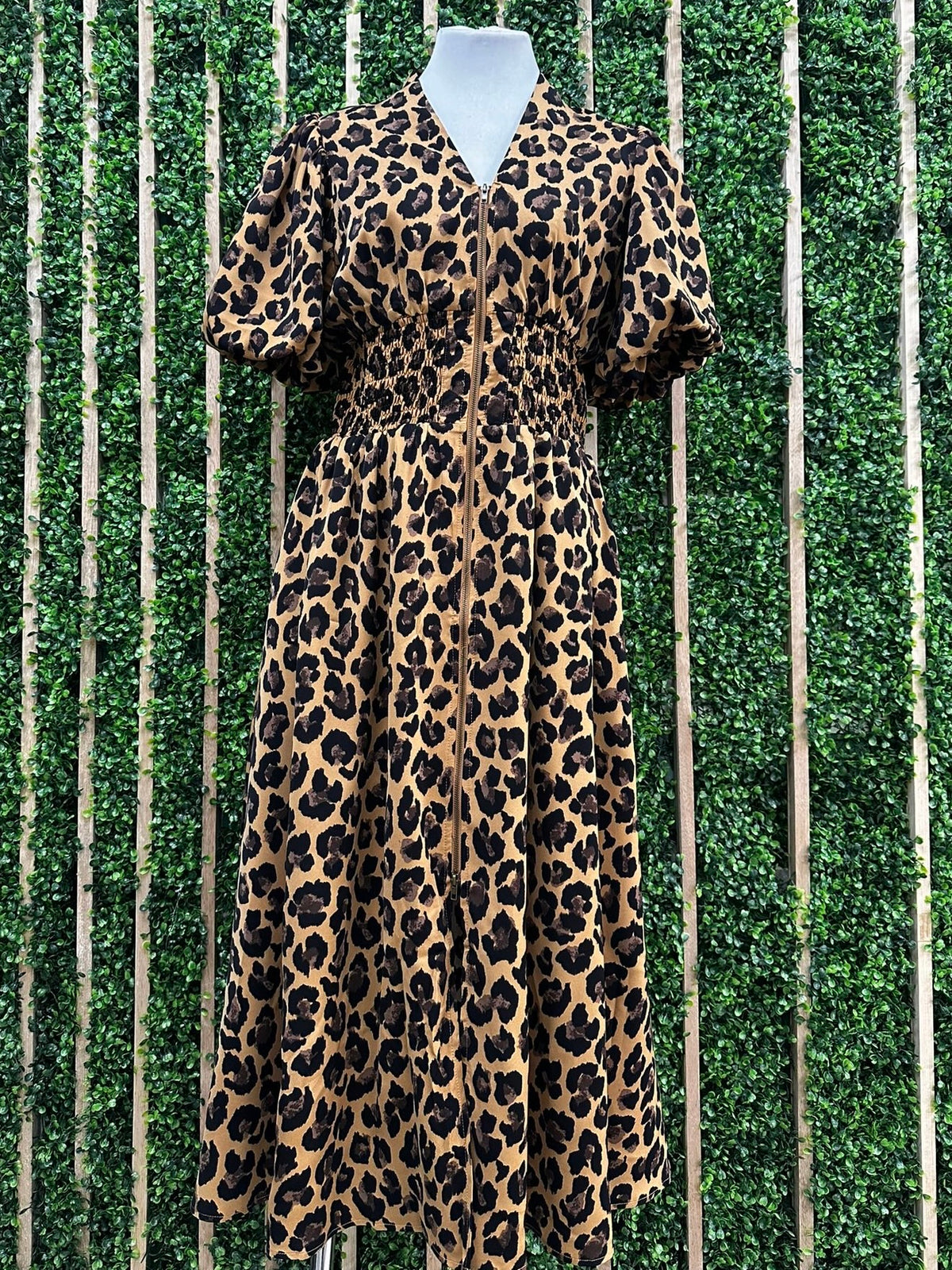 Camel Leopard Balloon Sleeve Midi Dress