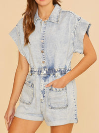 Elastic Waistband Denim Romper