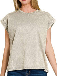 Crinkled Wash Round Neck Folded Short Sleeve Top