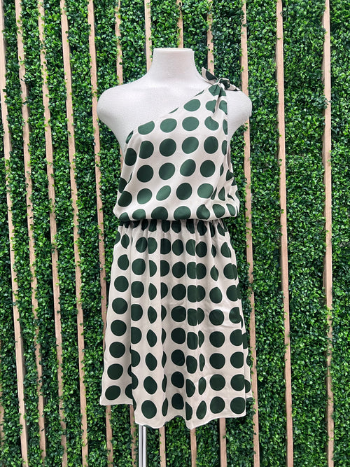 Cream Olive Dots One Shoulder Dress