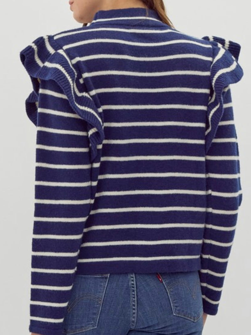 Navy Stripe Ruffle Sleeves Sweater