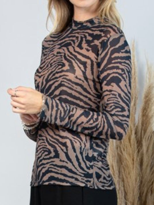 Brown Zebra Mesh Long Sleeve Top