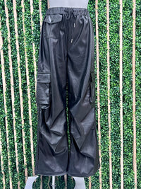 Black Pleather Parachute Cargo Pants