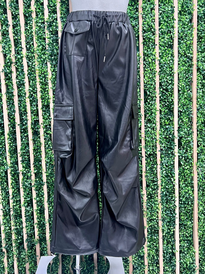 Black Pleather Parachute Cargo Pants