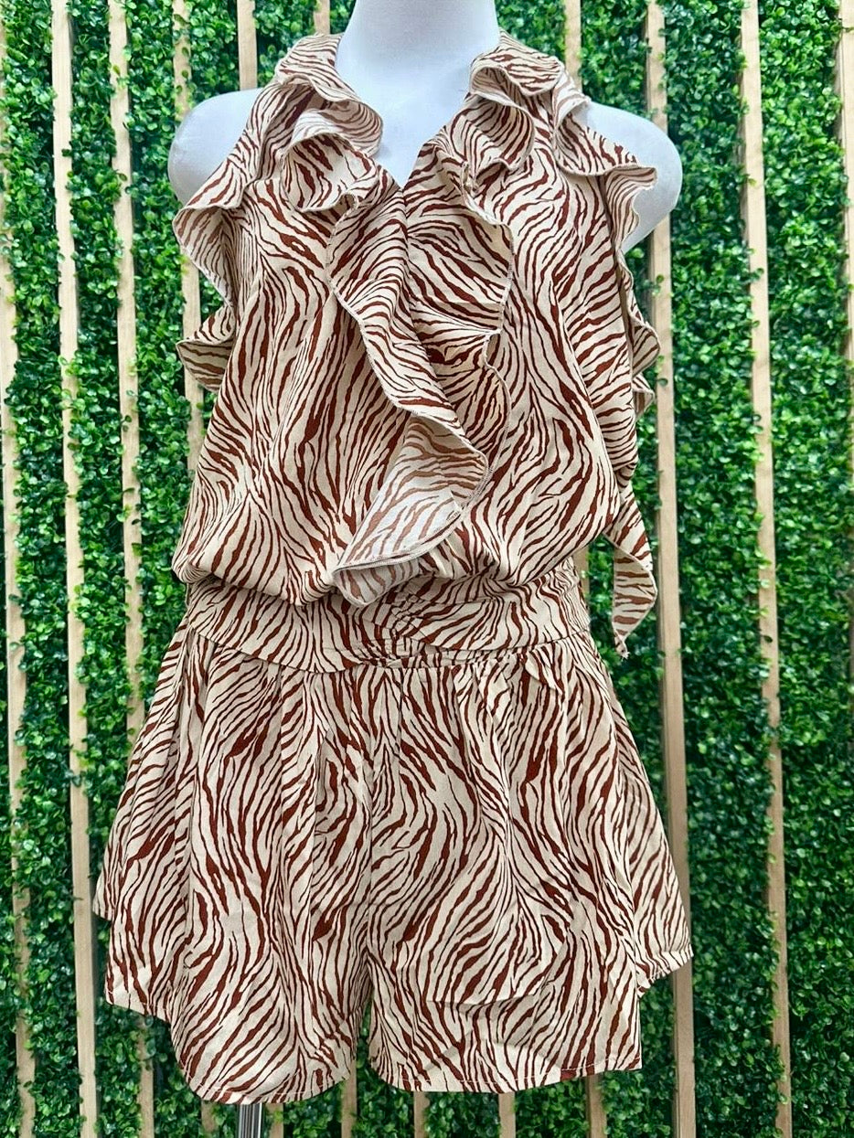 Beige Rust Zebra Halter Romper