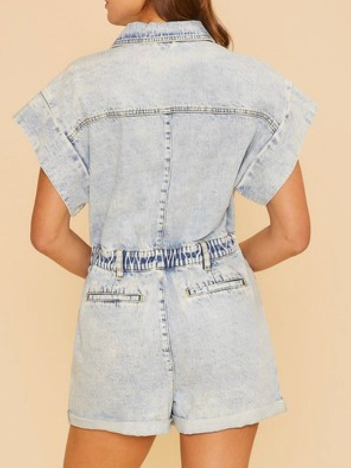 Elastic Waistband Denim Romper