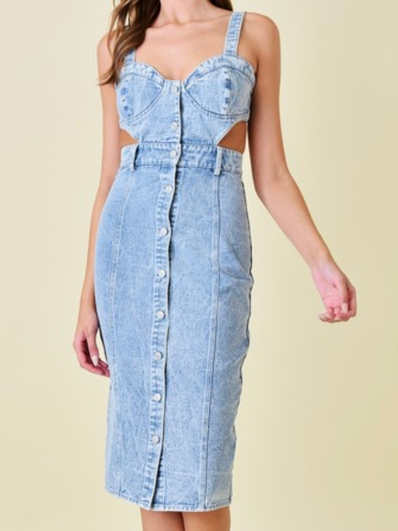 Mineral Wash Denim Cutout Midi Dress