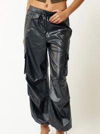 Black Pleather Parachute Cargo Pants