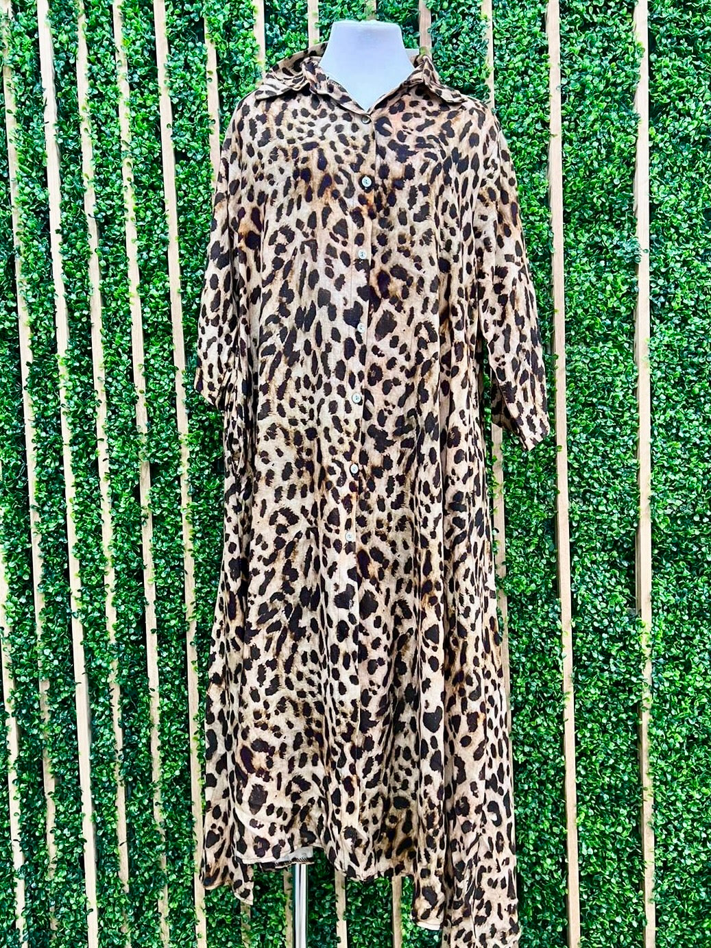 Leopard Linen Midi Blouse Dress