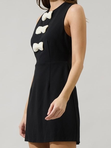 Pearl Bow Detail Black Short Dress