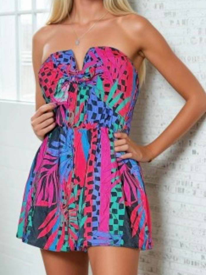 Beautiful Tropical Tie Front Strapless Romper