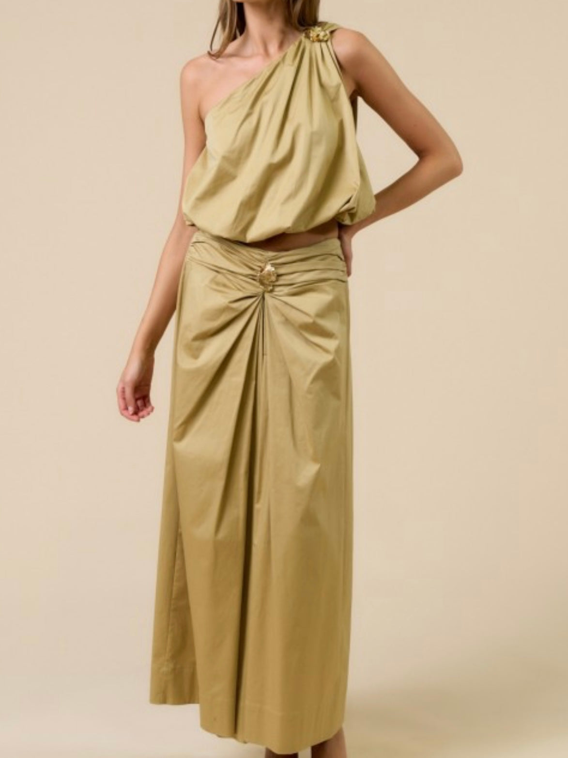 Sand Gold floral Detail Midi Skirt