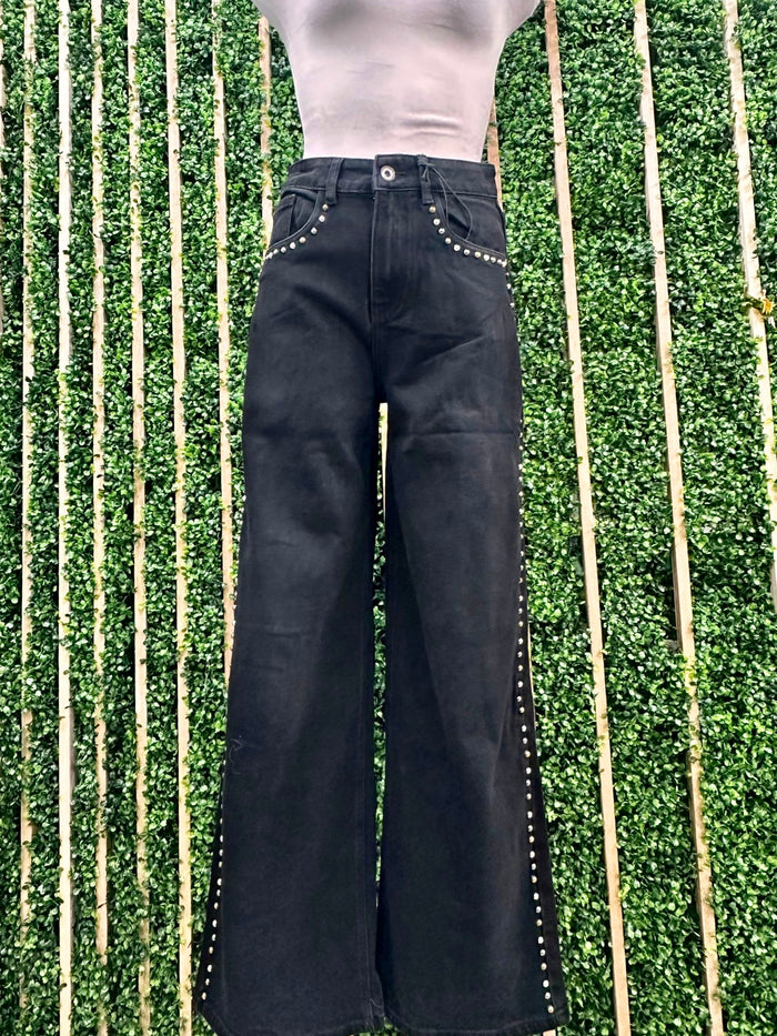 Black Side Studded Straight Jeans