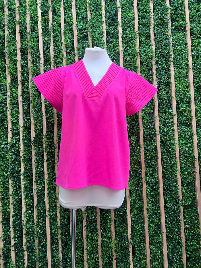 Hot Pink Red Trim V Neck Flare Sleeves Top