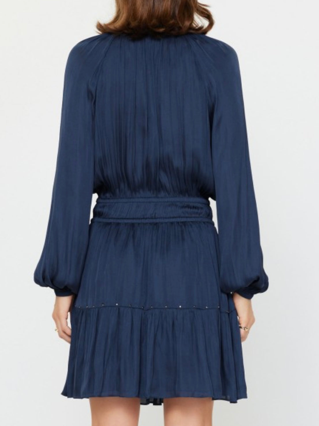 Navy Stud Trim Split Neck Short Dress