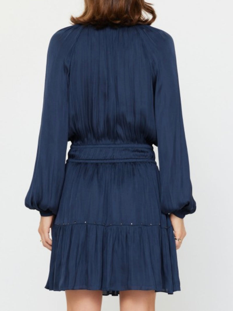 Navy Stud Trim Split Neck Short Dress