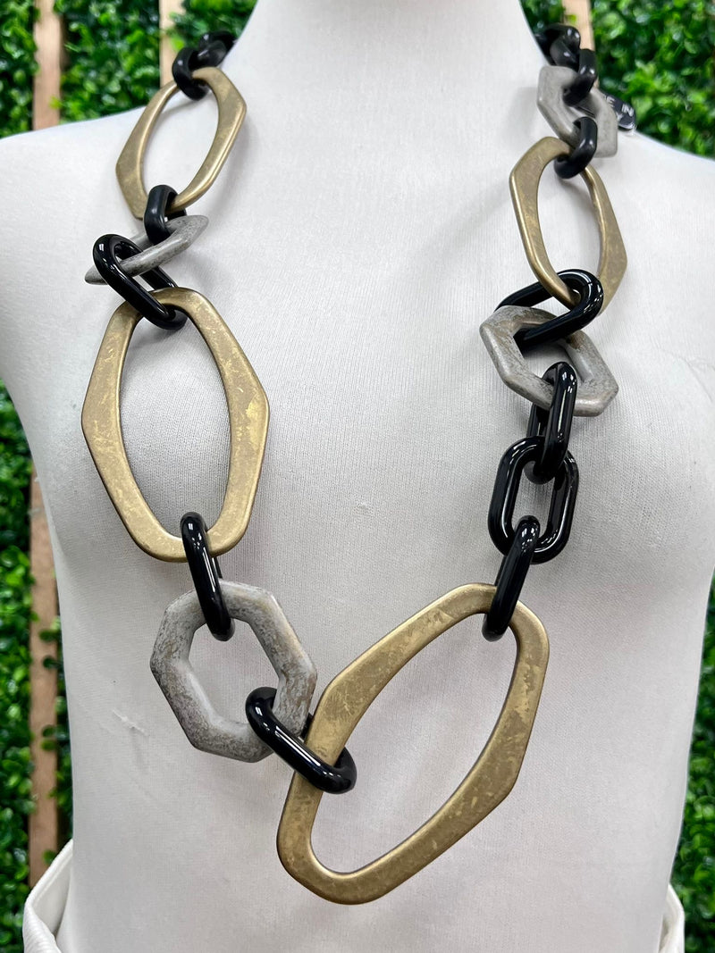 Geo Gold Silver Black Links Long Necklace