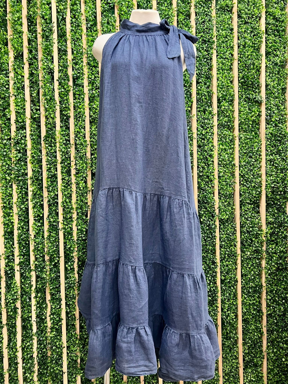 Shoulder Tie Tiered Linen Dress