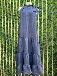 Shoulder Tie Tiered Linen Dress